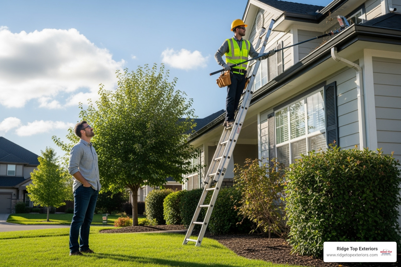 A homeowner safely observing a professional cleaning gutters with specialized equipment - gutter cleaning madison