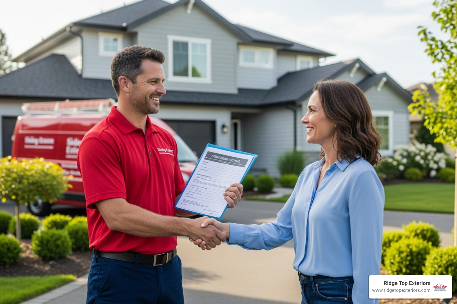 A professional siding contractor, wearing Ridge Top Exteriors branded attire, shaking hands with a homeowner after presenting a detailed, written estimate for siding repair. - siding repair madison wi A professional siding contractor, wearing Ridge Top Exteriors branded attire, shaking hands with a homeowner after presenting a detailed, written estimate for siding repair. - siding repair madison wi