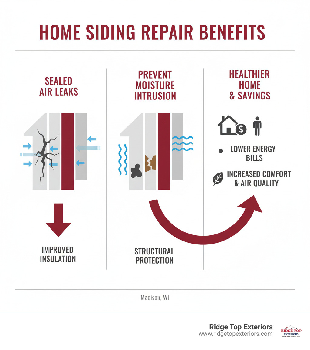 A diagram illustrating how professional siding repair can seal air leaks and prevent moisture intrusion, contributing to lower energy bills and a healthier home. The diagram uses Ridge Top Exteriors' brand colors. - siding repair madison wi infographic  A diagram illustrating how professional siding repair can seal air leaks and prevent moisture intrusion, contributing to lower energy bills and a healthier home. The diagram uses Ridge Top Exteriors' brand colors. - siding repair madison wi infographic