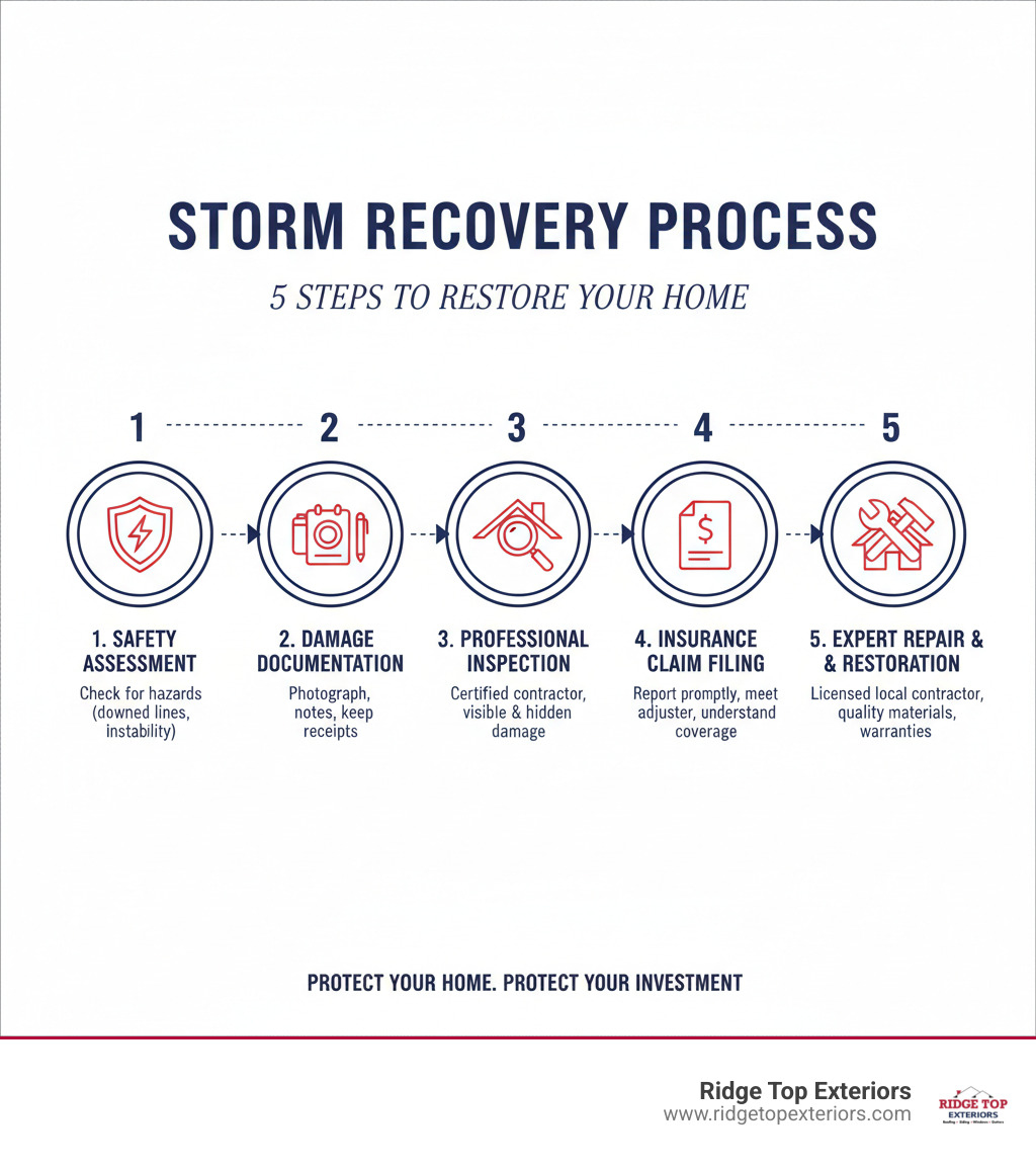 Infographic showing the 5-step storm recovery process: 1. Safety Assessment - Check for immediate hazards like downed power lines and structural instability; 2. Damage Documentation - Photograph all damage, write detailed notes, and keep receipts; 3. Professional Inspection - Hire a certified contractor to identify visible and hidden damage; 4. Insurance Claim Filing - Report damage promptly, meet with adjuster, understand your coverage; 5. Expert Repair & Restoration - Work with a licensed local contractor using quality materials with strong warranties. Color scheme: white background with #B20839 red and #0D224B navy blue accents - storm damage repair infographic  Infographic showing the 5-step storm recovery process: 1. Safety Assessment - Check for immediate hazards like downed power lines and structural instability; 2. Damage Documentation - Photograph all damage, write detailed notes, and keep receipts; 3. Professional Inspection - Hire a certified contractor to identify visible and hidden damage; 4. Insurance Claim Filing - Report damage promptly, meet with adjuster, understand your coverage; 5. Expert Repair & Restoration - Work with a licensed local contractor using quality materials with strong warranties. Color scheme: white background with #B20839 red and #0D224B navy blue accents - storm damage repair infographic