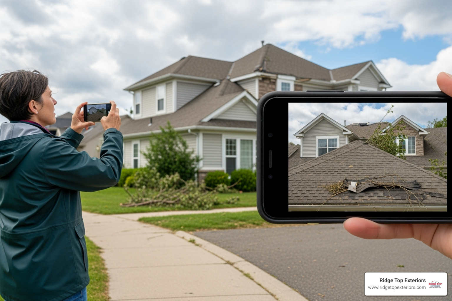 Homeowner safely taking photos of damaged roof from ground - storm damage repair Homeowner safely taking photos of damaged roof from ground - storm damage repair