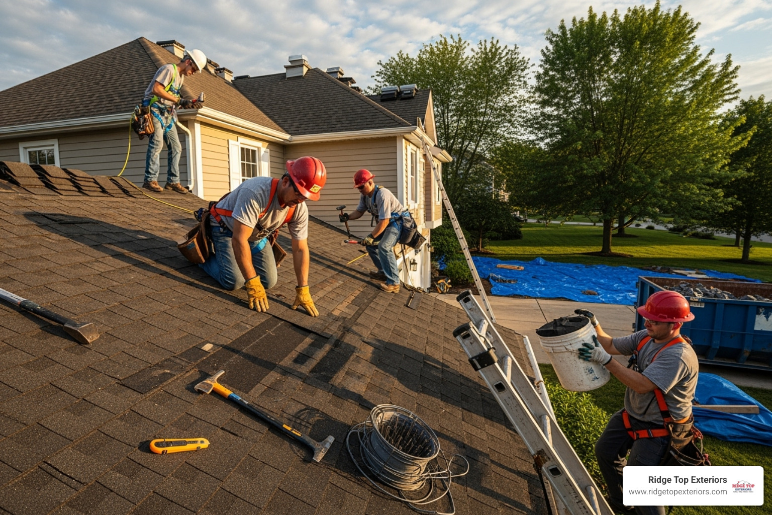 Roofing crew professionally repairing an asphalt shingle roof - storm damage repair Roofing crew professionally repairing an asphalt shingle roof - storm damage repair