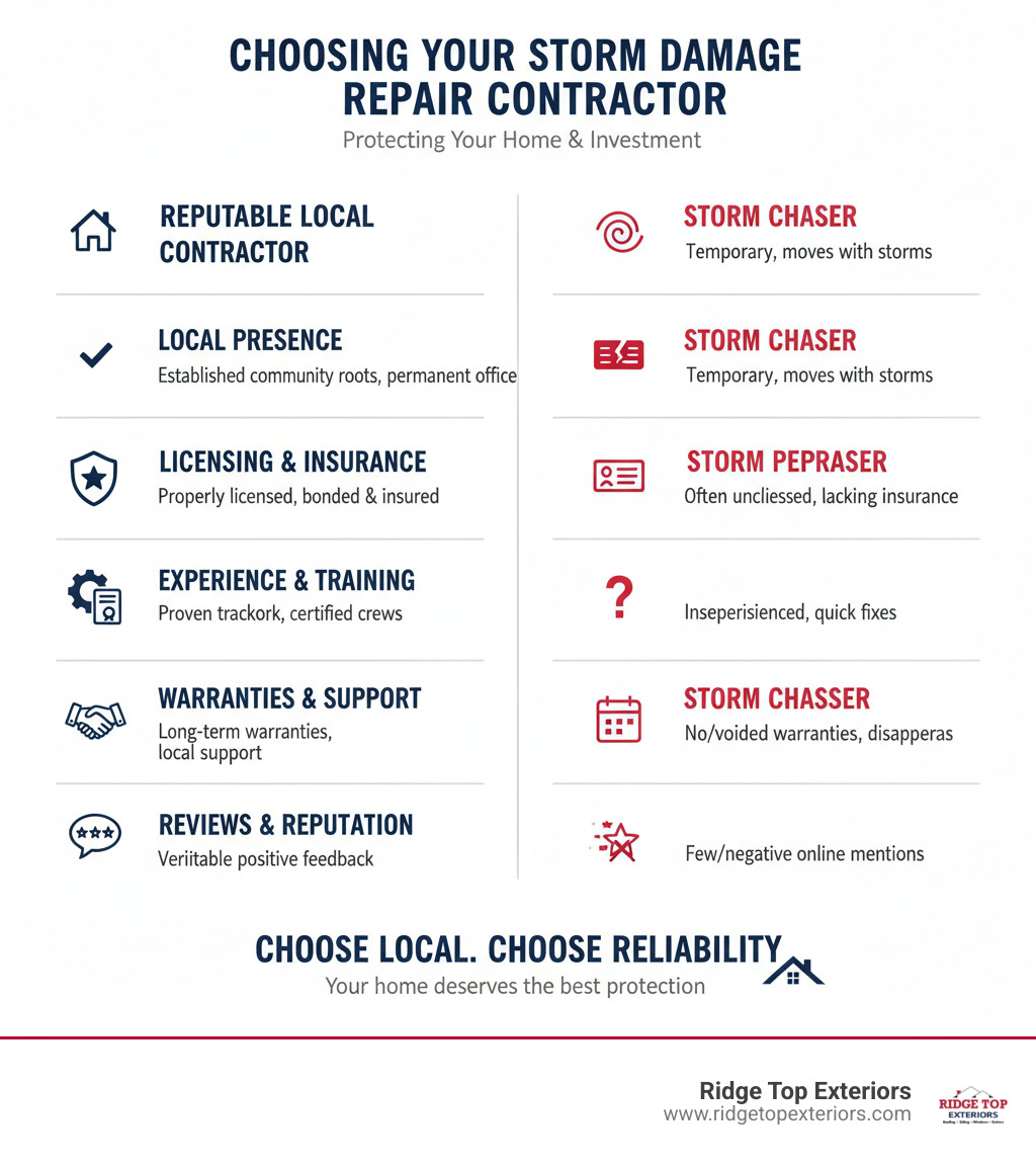 Infographic comparing reputable local contractor versus storm chaser, with criteria like local presence, licensing, experience, warranties, and reviews. Color scheme: white background with #B20839 red and #0D224B navy blue accents - storm damage repair infographic  Infographic comparing reputable local contractor versus storm chaser, with criteria like local presence, licensing, experience, warranties, and reviews. Color scheme: white background with #B20839 red and #0D224B navy blue accents - storm damage repair infographic