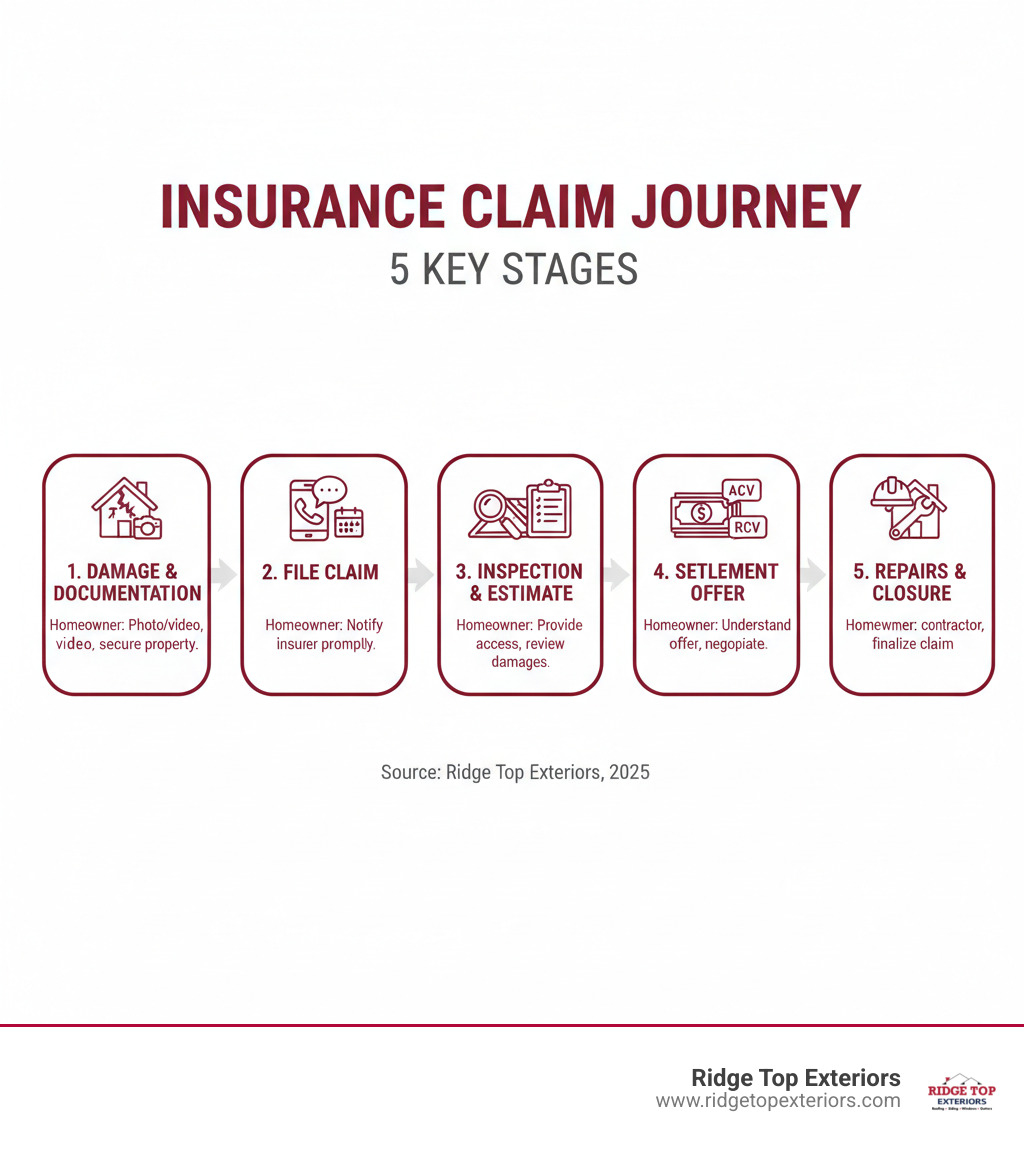 Infographic showing 5 key stages of an insurance claim: 1. Damage occurs and is documented with photos/video, 2. Claim is filed with insurance company within policy timeframe, 3. Insurance adjuster inspects property and creates damage estimate, 4. Settlement offer is made (ACV first, then RCV after repairs), 5. Repairs are completed by qualified contractor and claim is closed. Each stage includes a small icon and brief note about homeowner responsibilities. - insurance claim help infographic  Infographic showing 5 key stages of an insurance claim: 1. Damage occurs and is documented with photos/video, 2. Claim is filed with insurance company within policy timeframe, 3. Insurance adjuster inspects property and creates damage estimate, 4. Settlement offer is made (ACV first, then RCV after repairs), 5. Repairs are completed by qualified contractor and claim is closed. Each stage includes a small icon and brief note about homeowner responsibilities. - insurance claim help infographic