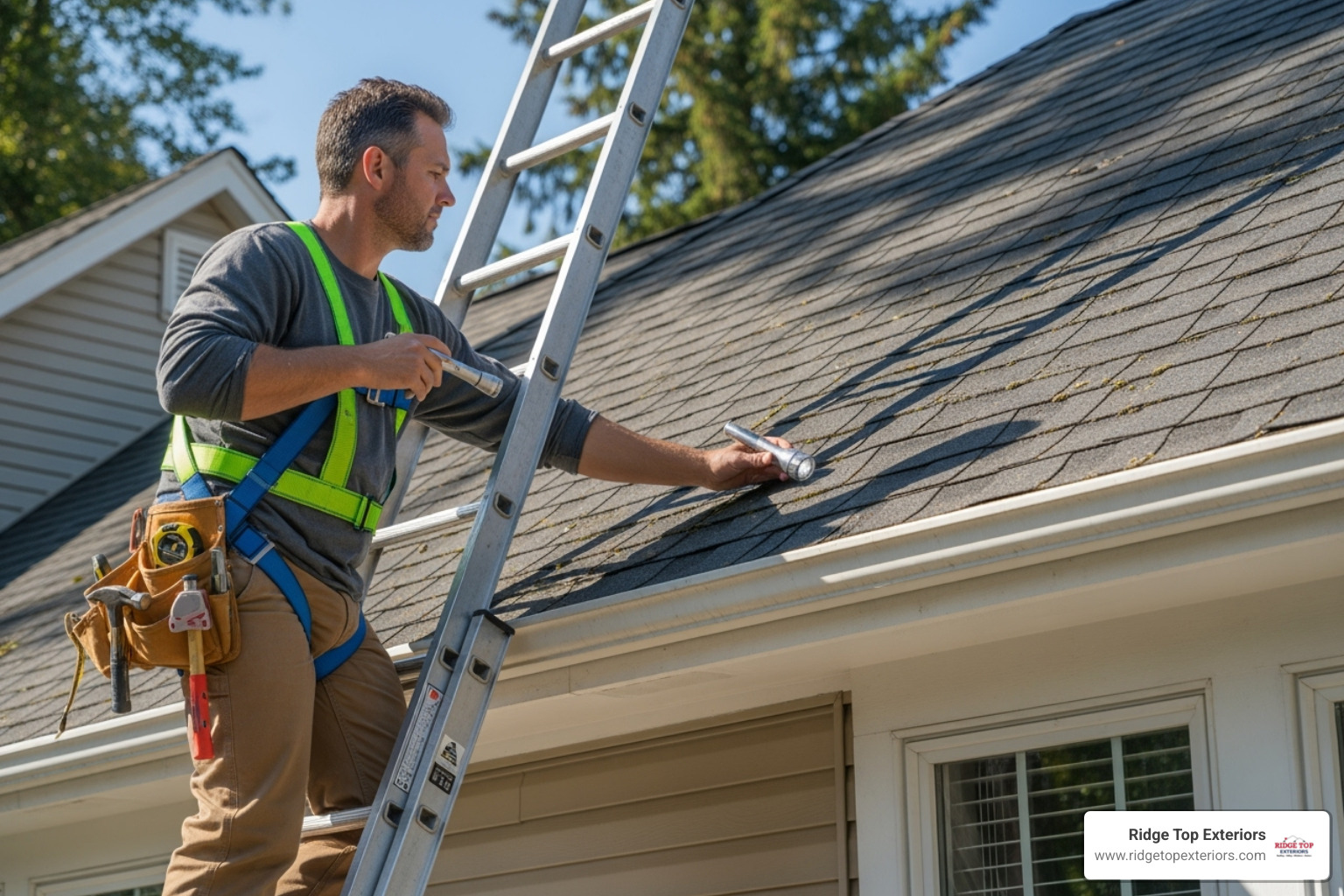 A professional contractor inspecting an asphalt shingle roof - insurance claim help A professional contractor inspecting an asphalt shingle roof - insurance claim help