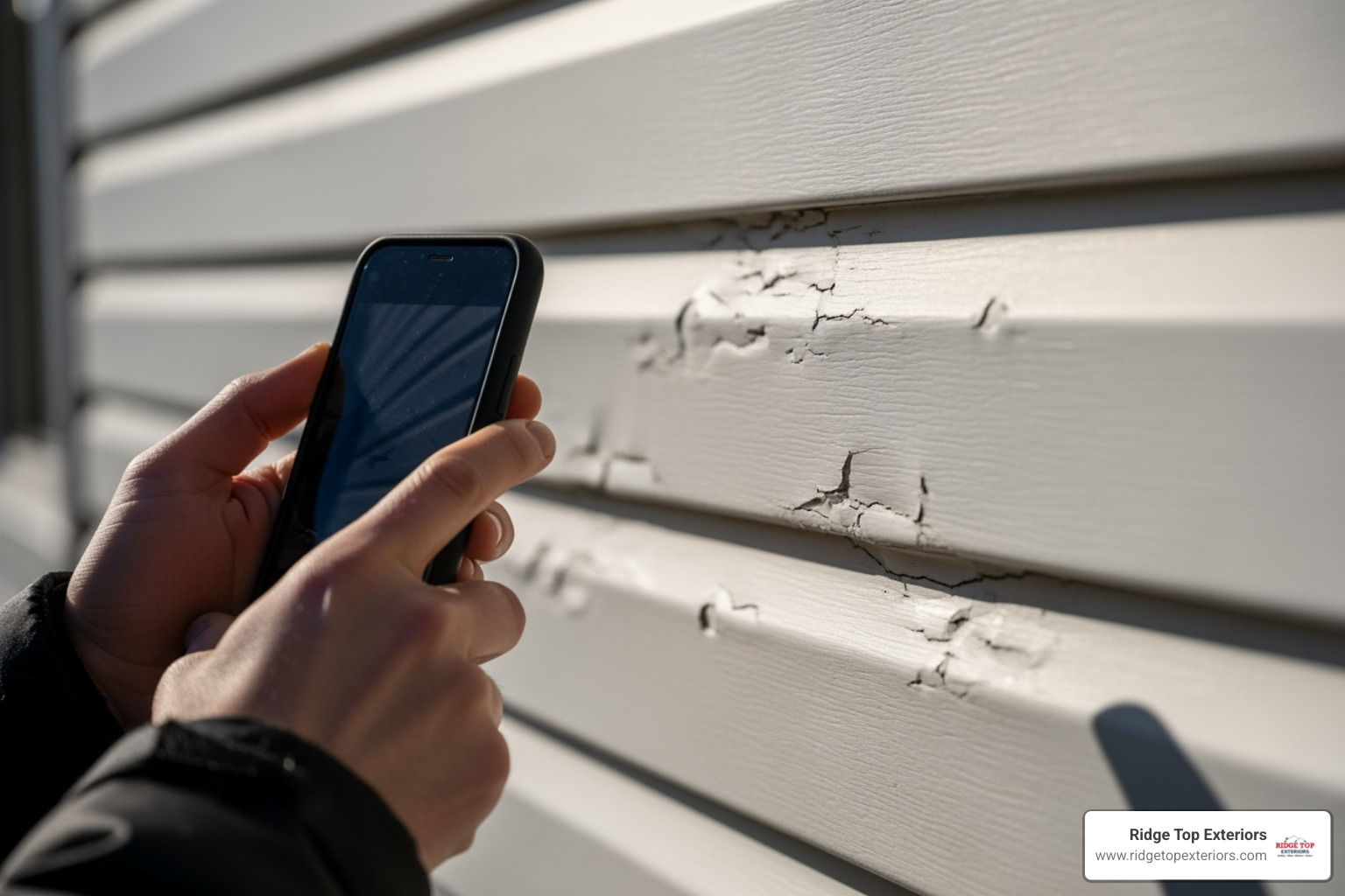 A person taking photos of hail damage on vinyl siding with a smartphone - insurance claim help A person taking photos of hail damage on vinyl siding with a smartphone - insurance claim help