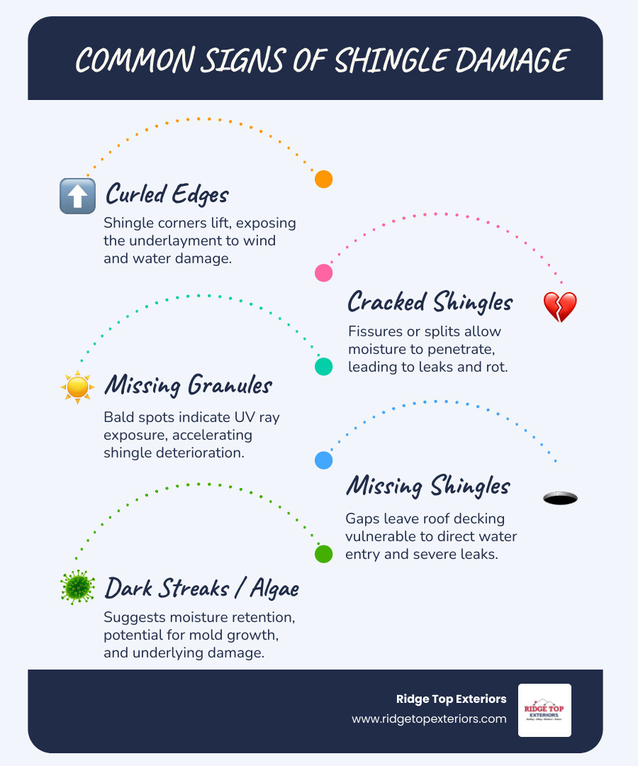 Infographic showing common signs of shingle damage: curled edges with corners lifting up, cracked or split shingles with visible fissures, missing granules creating bald spots that expose black asphalt underneath, and missing shingles leaving gaps in the roof. Each type is labeled with a brief description of why it matters and what it means for your roof's protection. Color scheme uses Ridge Top Exteriors white, burgundy #B20839, and navy #0D224B. - damaged shingles repair infographic infographic-line-5-steps-blues-accent_colors Infographic showing common signs of shingle damage: curled edges with corners lifting up, cracked or split shingles with visible fissures, missing granules creating bald spots that expose black asphalt underneath, and missing shingles leaving gaps in the roof. Each type is labeled with a brief description of why it matters and what it means for your roof's protection. Color scheme uses Ridge Top Exteriors white, burgundy #B20839, and navy #0D224B. - damaged shingles repair infographic infographic-line-5-steps-blues-accent_colors