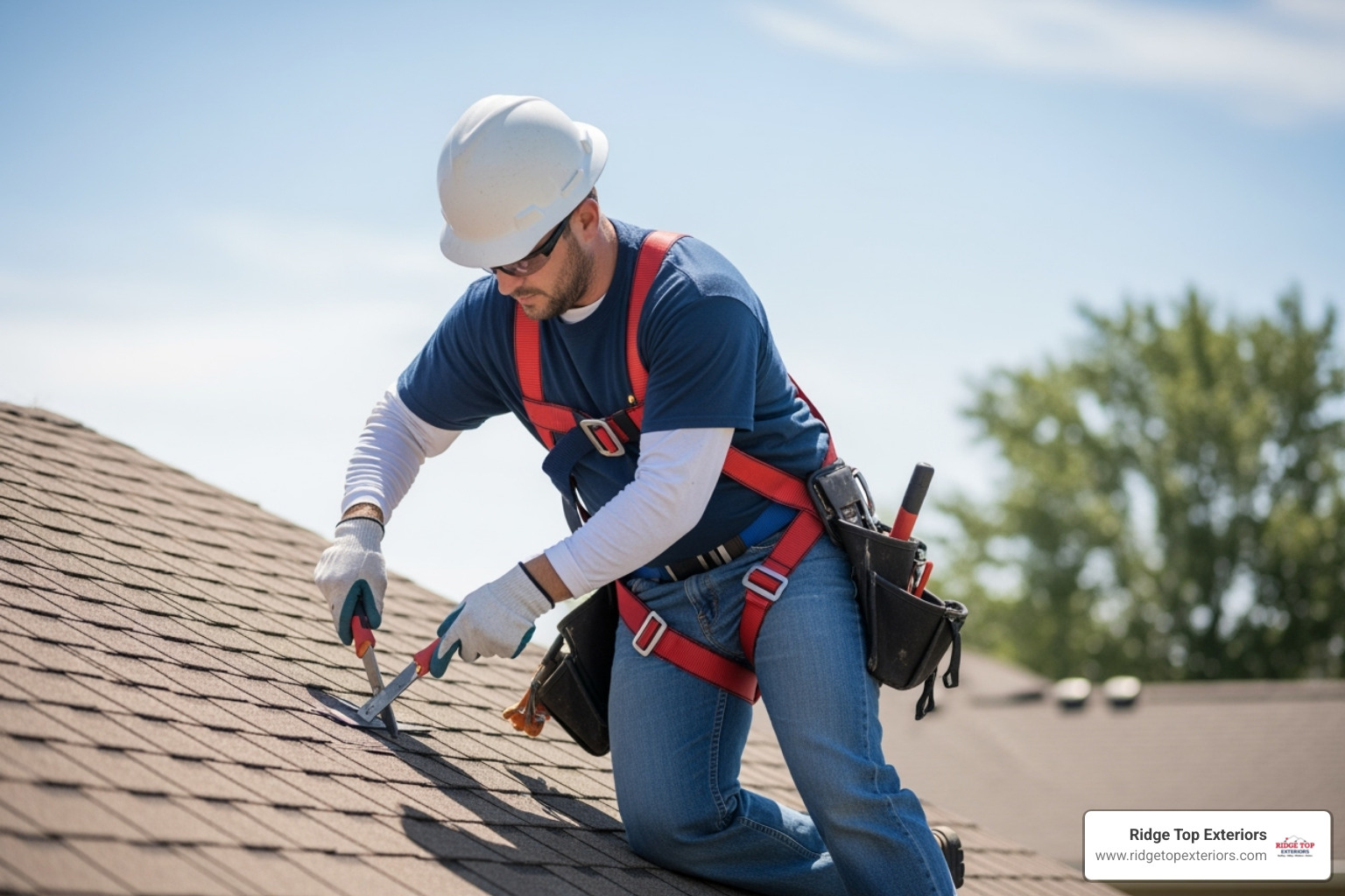 certified roofer in full safety gear working on a roof - damaged shingles repair certified roofer in full safety gear working on a roof - damaged shingles repair