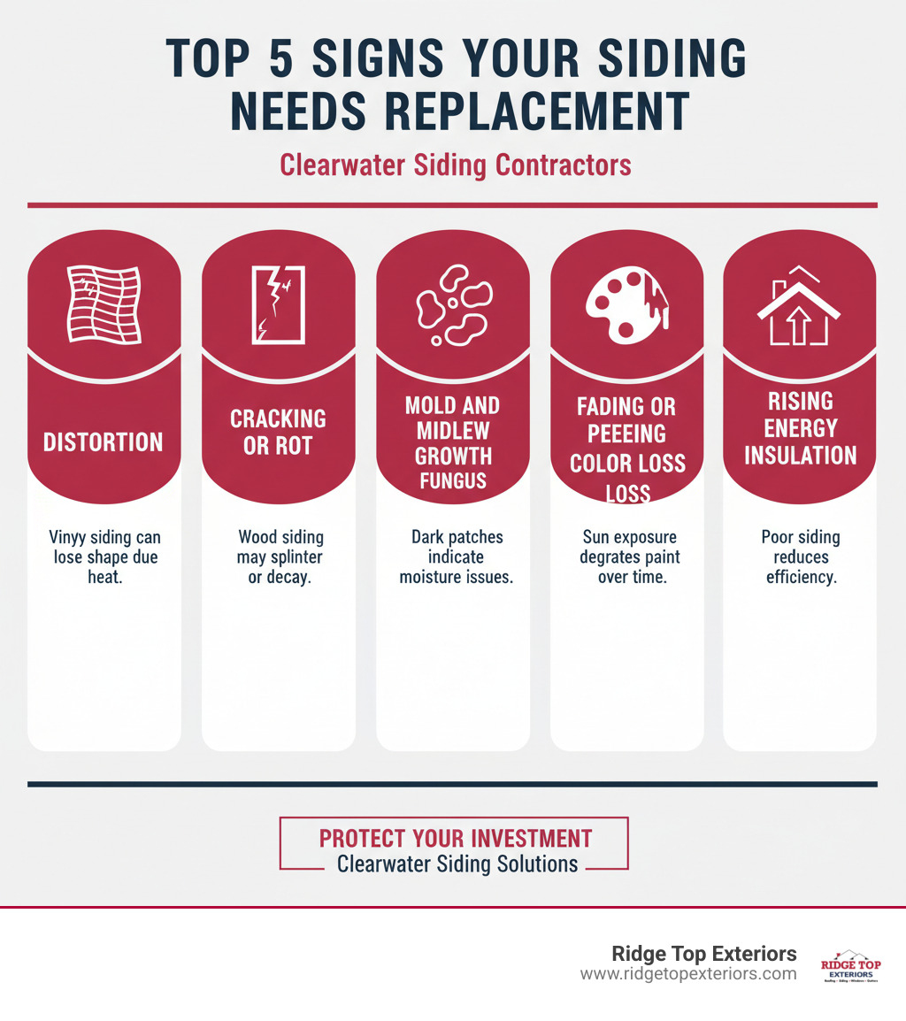 Infographic showing the top 5 signs your siding needs replacement: warping or buckling, cracking or rot, mold and mildew growth, fading or peeling paint, and rising energy bills. Each sign is illustrated with a simple icon and brief description, using Ridge Top Exteriors' color scheme of white, #B20839, and #0D224B. - Clearwater siding contractors infographic 