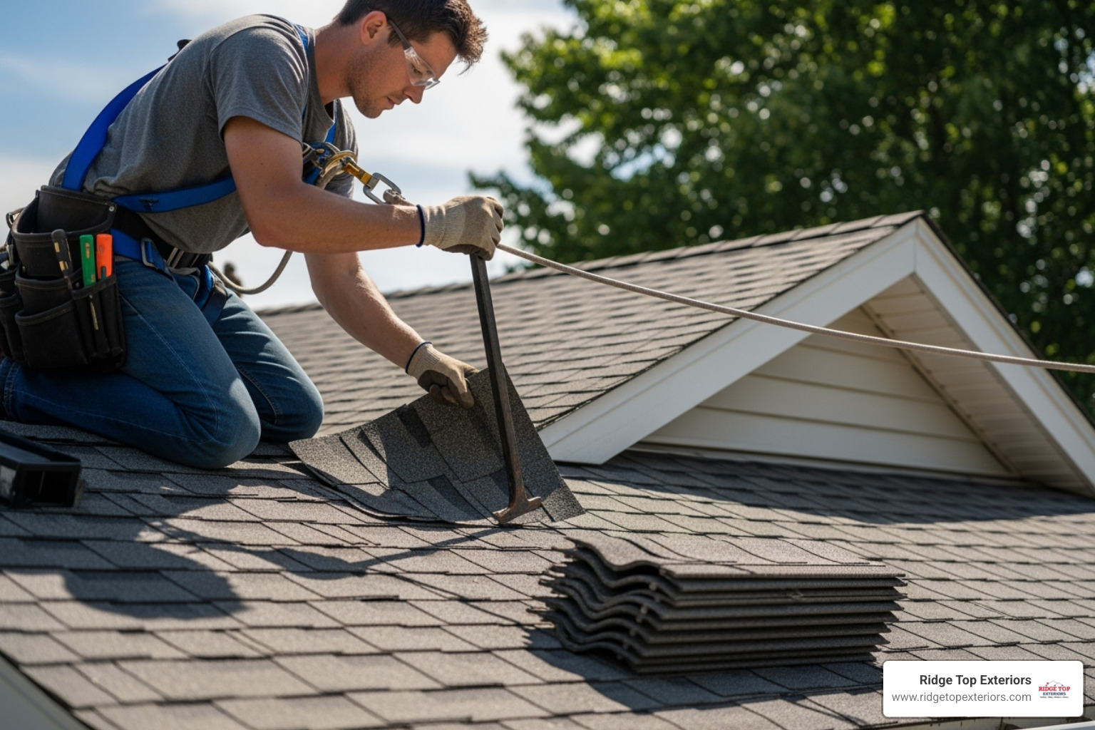 Roofer safely repairing an asphalt shingle roof - roof repair Marshfield WI