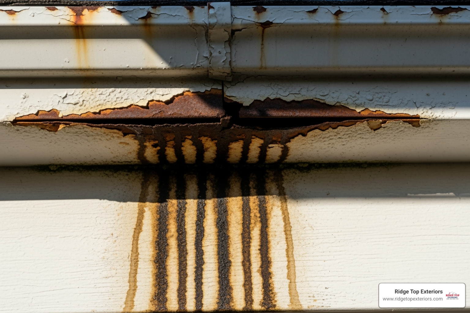 cracked and peeling gutter with water stains on the siding below - gutter company near me cracked and peeling gutter with water stains on the siding below - gutter company near me