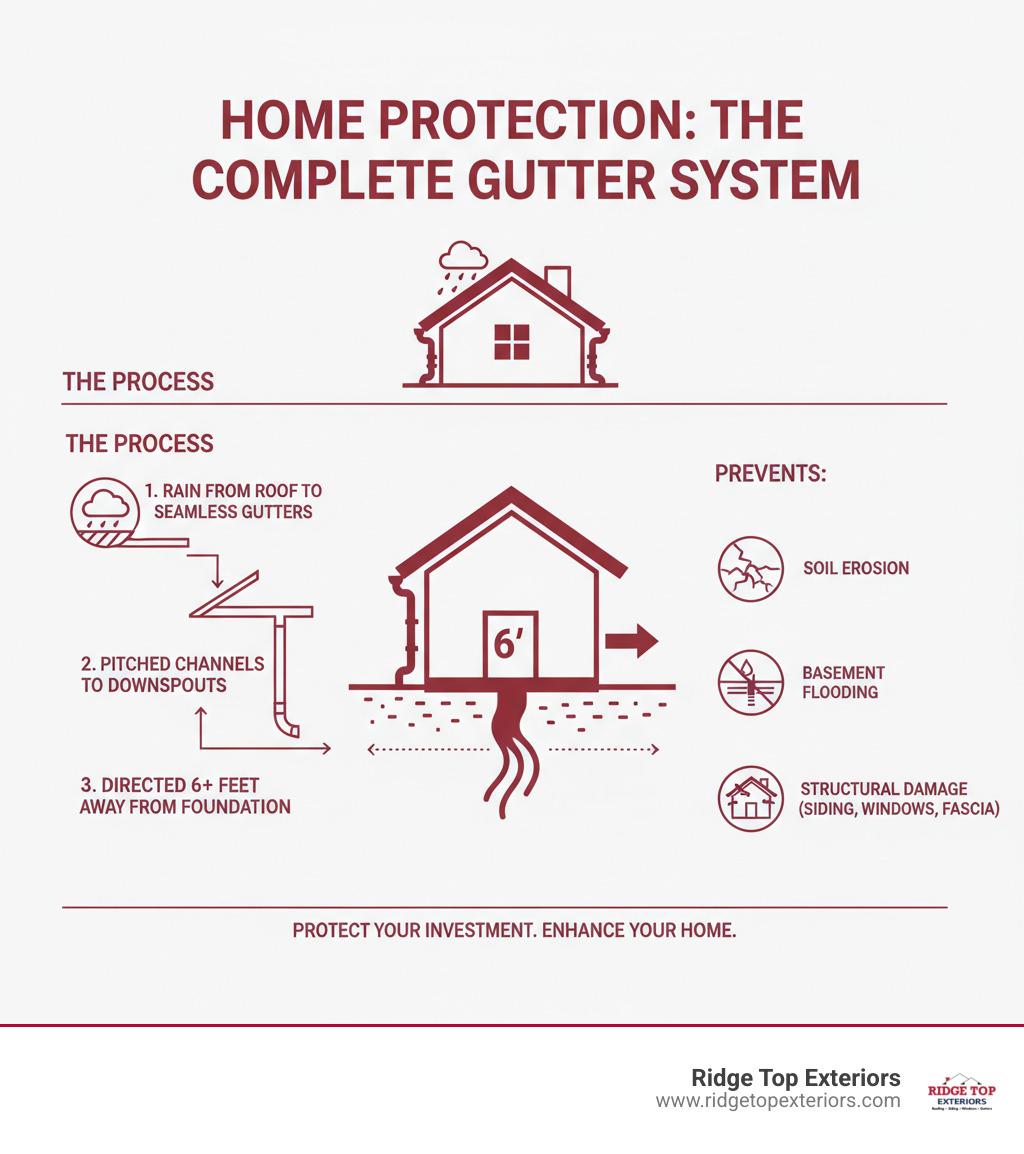 Infographic showing how a complete gutter system protects a home: rainwater flows from the roof into seamless gutters, travels through properly pitched channels to downspouts, and is directed at least 6 feet away from the foundation, preventing soil erosion, basement flooding, and structural damage to siding, windows, and fascia - gutter company near me infographic Infographic showing how a complete gutter system protects a home: rainwater flows from the roof into seamless gutters, travels through properly pitched channels to downspouts, and is directed at least 6 feet away from the foundation, preventing soil erosion, basement flooding, and structural damage to siding, windows, and fascia - gutter company near me infographic
