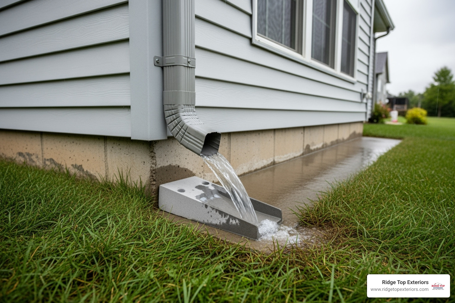 water being correctly channeled away from a home's foundation by a downspout - gutter company near me water being correctly channeled away from a home's foundation by a downspout - gutter company near me