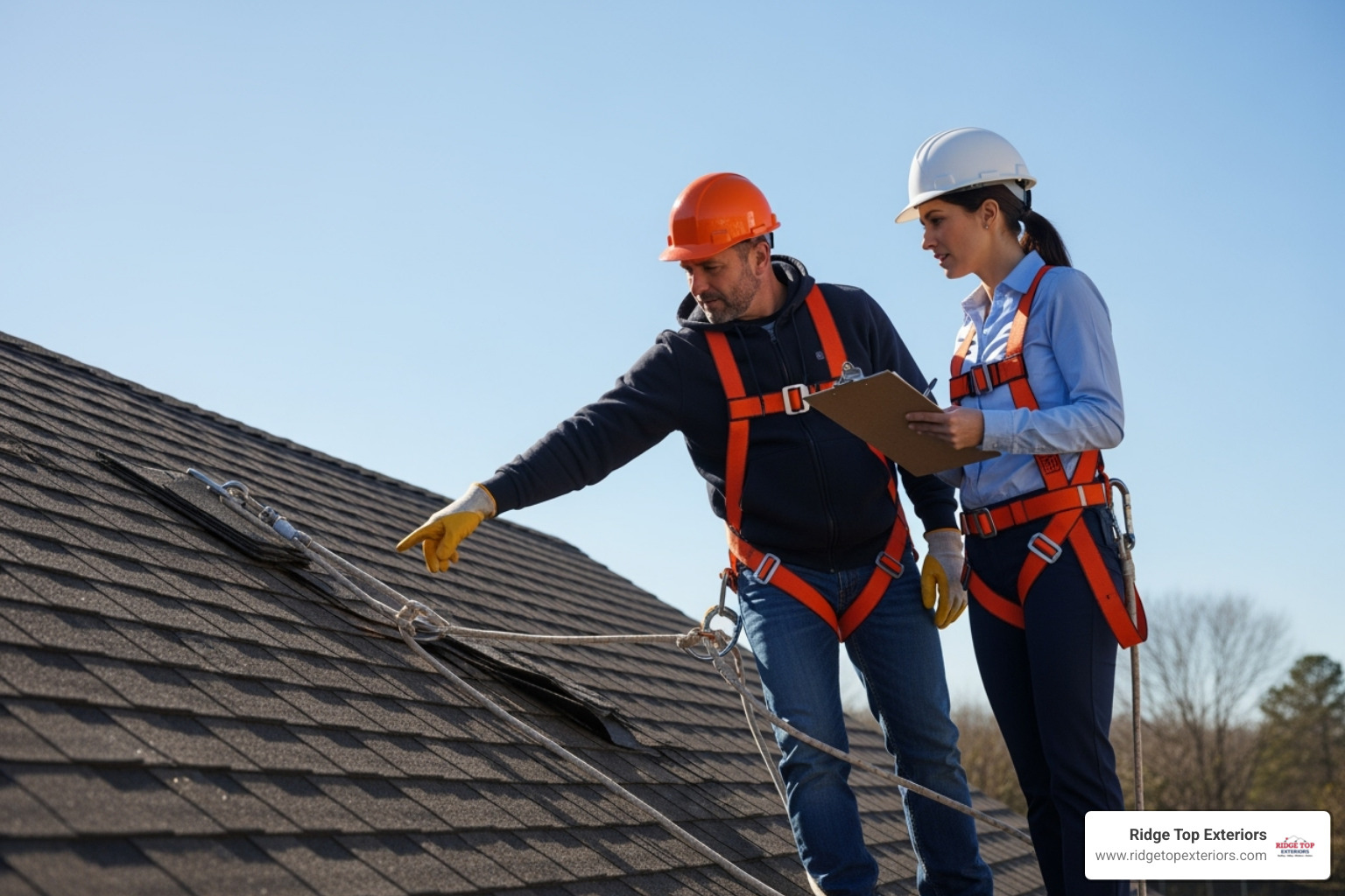 professional roofer pointing out damage to an insurance adjuster on a roof - insurance claims assistance for roofs clearwater fl