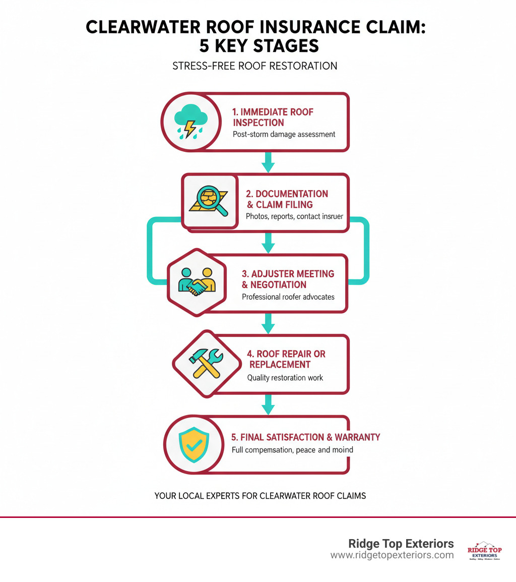 infographic showing the 5 key stages of a roof insurance claim in Clearwater FL - insurance claims assistance for roofs clearwater fl infographic 