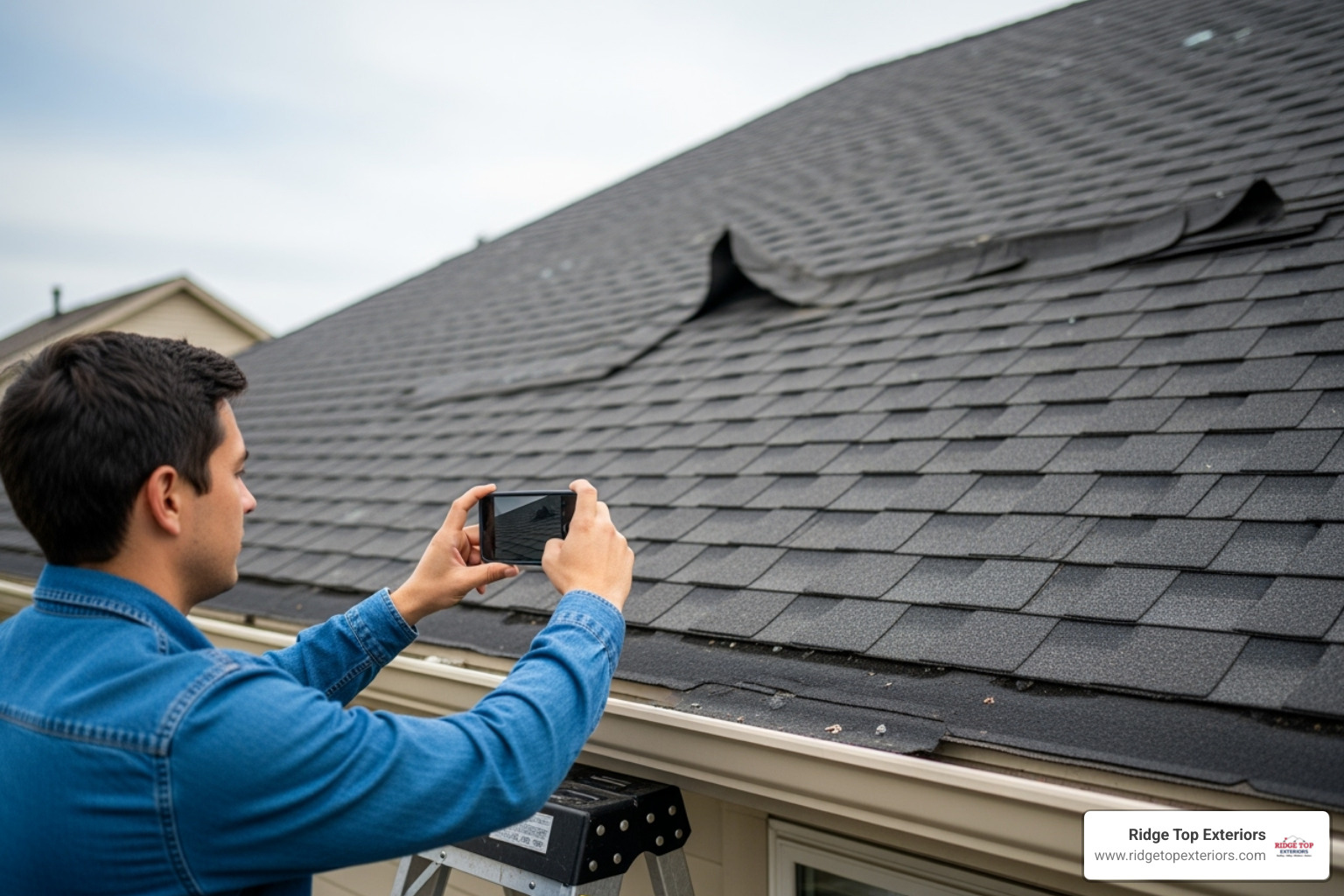 homeowner taking photos of their damaged roof - insurance claims assistance for roofs clearwater fl