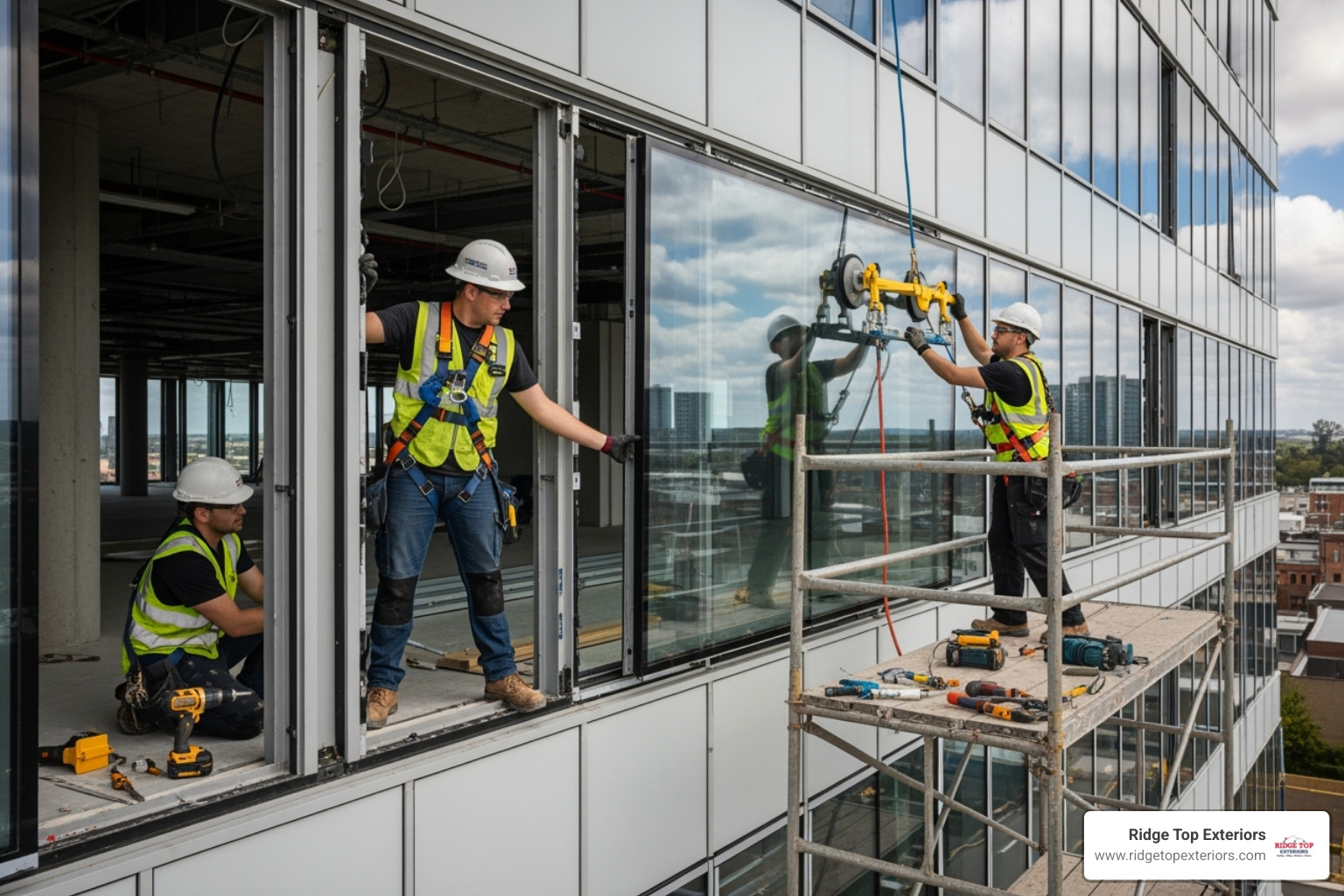 Image of a professional installation team working on a commercial building - Window replacement Appleton WI