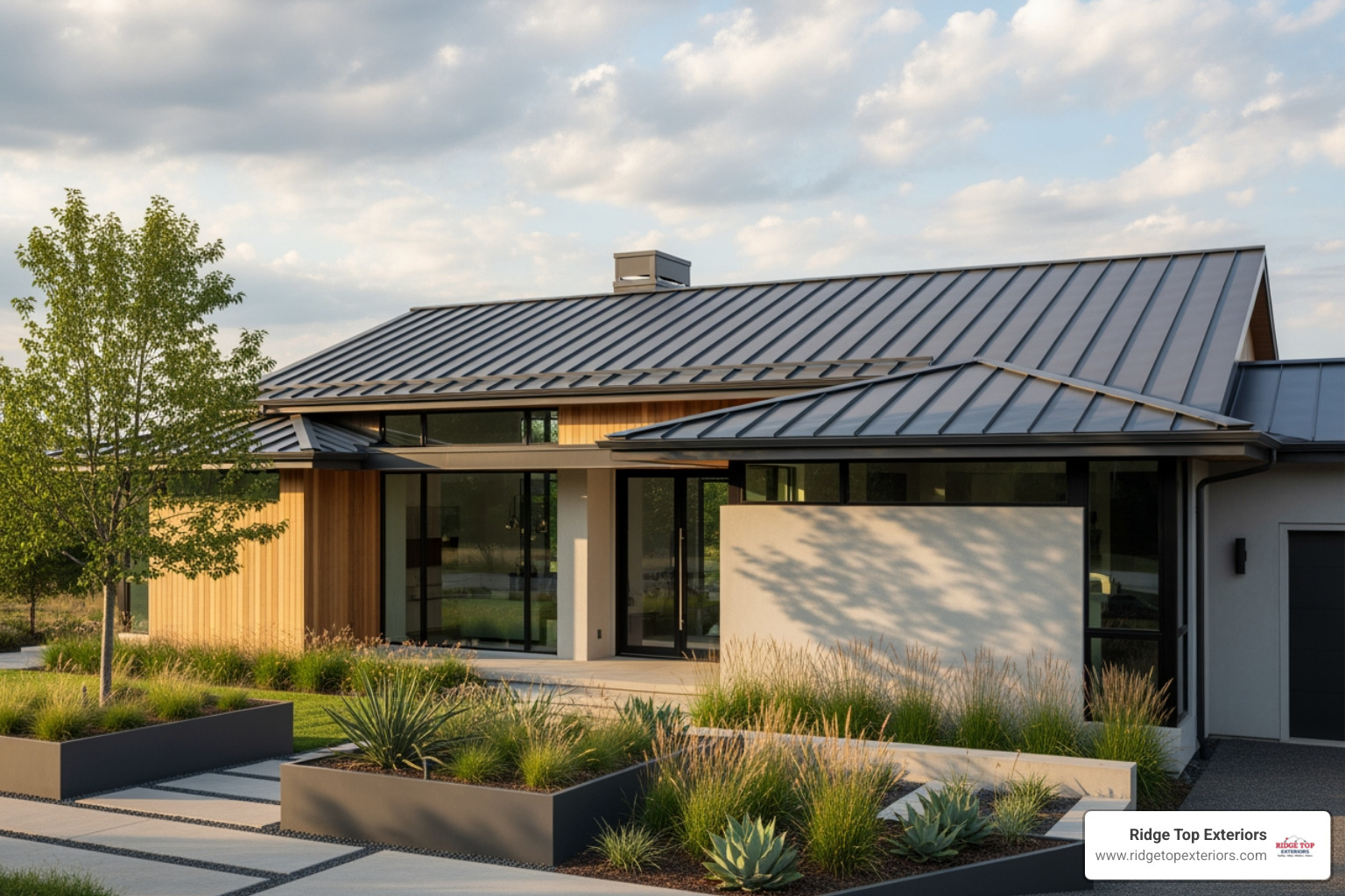 standing seam metal roof on a modern house - durable roofing materials