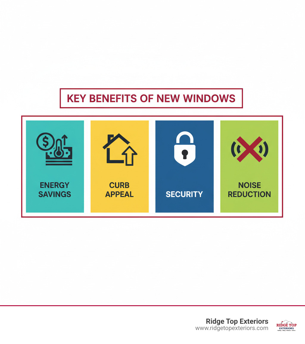 infographic showing four key benefits of new windows: Energy Savings with a dollar sign and thermometer icon, Curb Appeal with a house outline and upward arrow, Security with a lock icon, and Noise Reduction with sound wave symbols crossed out - Residential window services infographic 