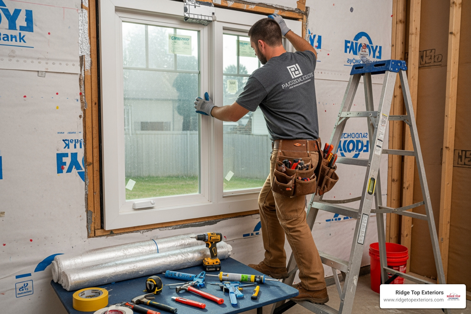 a professional installer carefully fitting a new window into a home's wall - Residential window services