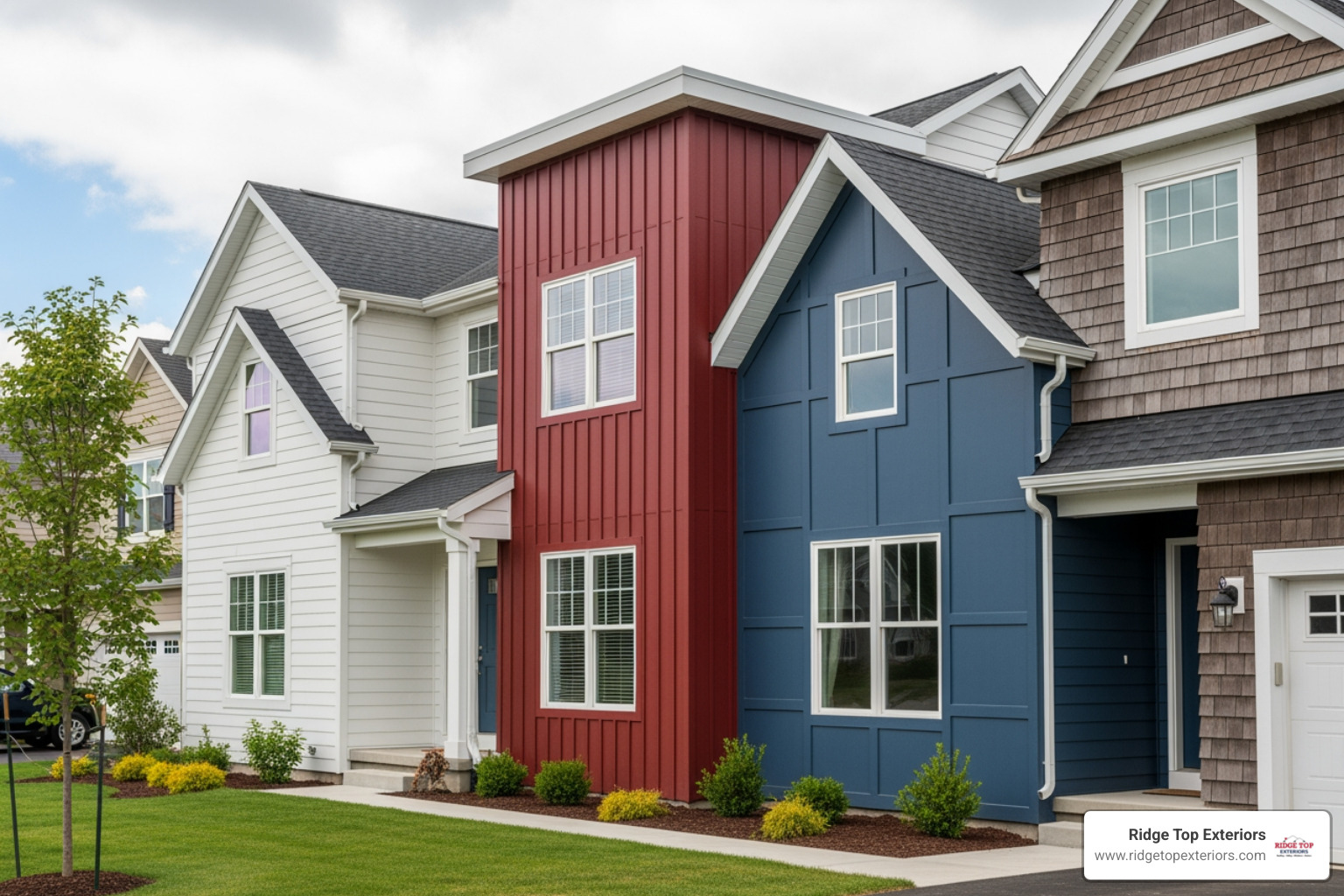 Image showcasing different siding profiles like lap, vertical, board & batten, and shakes on various home styles, with a focus on Ridge Top Exteriors' color scheme. - siding contractors near me Image showcasing different siding profiles like lap, vertical, board & batten, and shakes on various home styles, with a focus on Ridge Top Exteriors' color scheme. - siding contractors near me