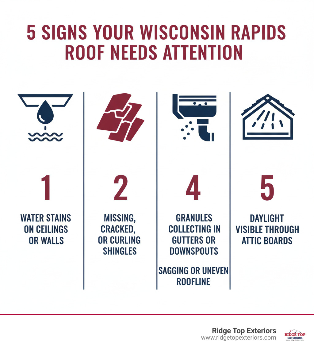 Infographic showing the top 5 signs your Wisconsin Rapids roof needs immediate attention: 1) Water stains on ceilings or walls, 2) Missing, cracked, or curling shingles, 3) Granules collecting in gutters or downspouts, 4) Sagging or uneven roofline, 5) Daylight visible through attic boards. Includes icons for each sign in Ridge Top Exteriors colors white, burgundy #B20839, and navy #0D224B. - roof repair wisconsin rapids wi infographic Infographic showing the top 5 signs your Wisconsin Rapids roof needs immediate attention: 1) Water stains on ceilings or walls, 2) Missing, cracked, or curling shingles, 3) Granules collecting in gutters or downspouts, 4) Sagging or uneven roofline, 5) Daylight visible through attic boards. Includes icons for each sign in Ridge Top Exteriors colors white, burgundy #B20839, and navy #0D224B. - roof repair wisconsin rapids wi infographic
