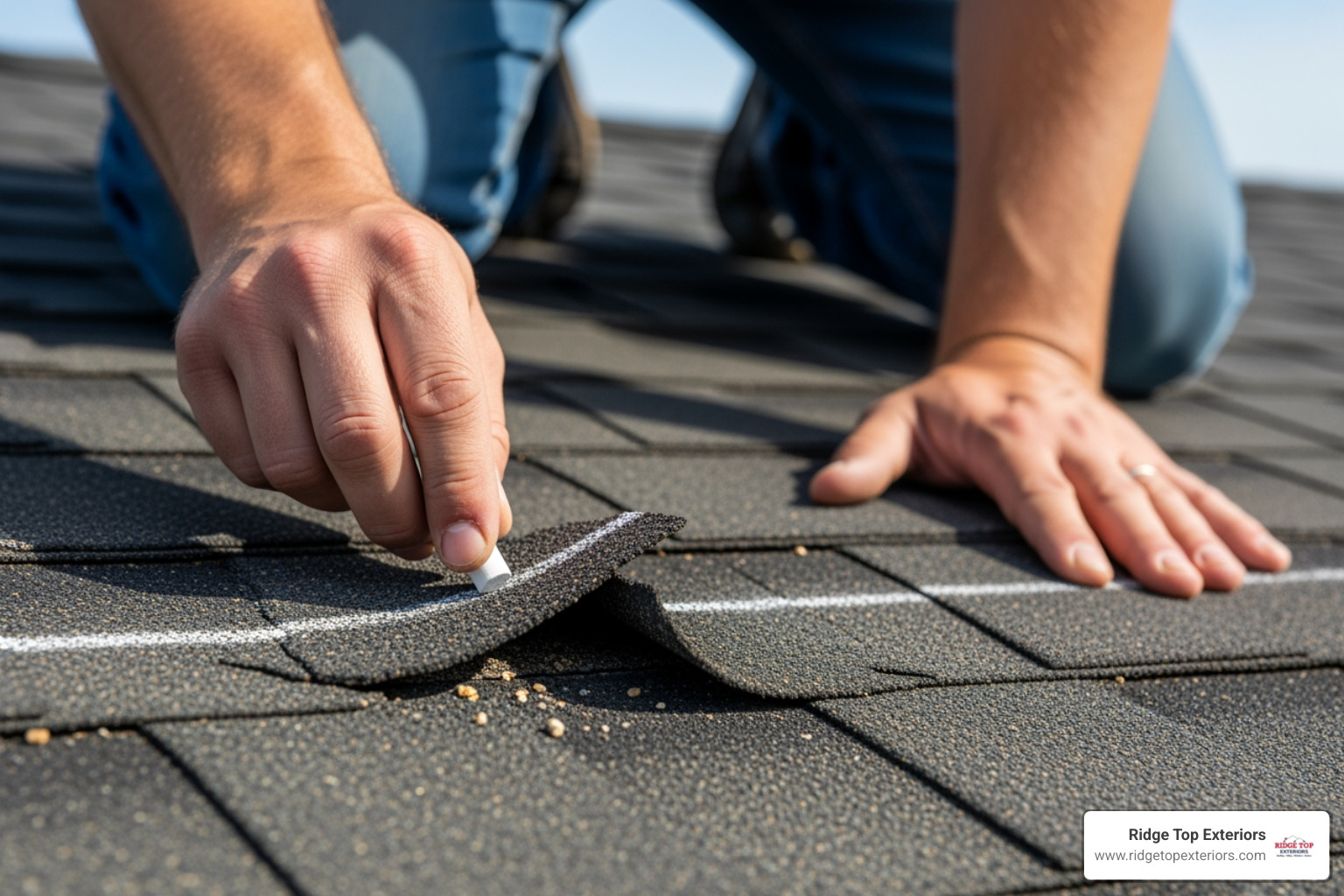 a roofer closely inspecting damaged shingles with a chalk line - roof replacement costs 2025