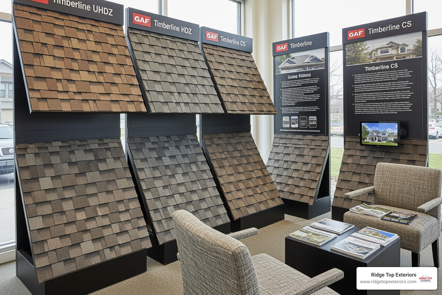 variety of GAF architectural shingle colors and styles - roof replacement costs 2025