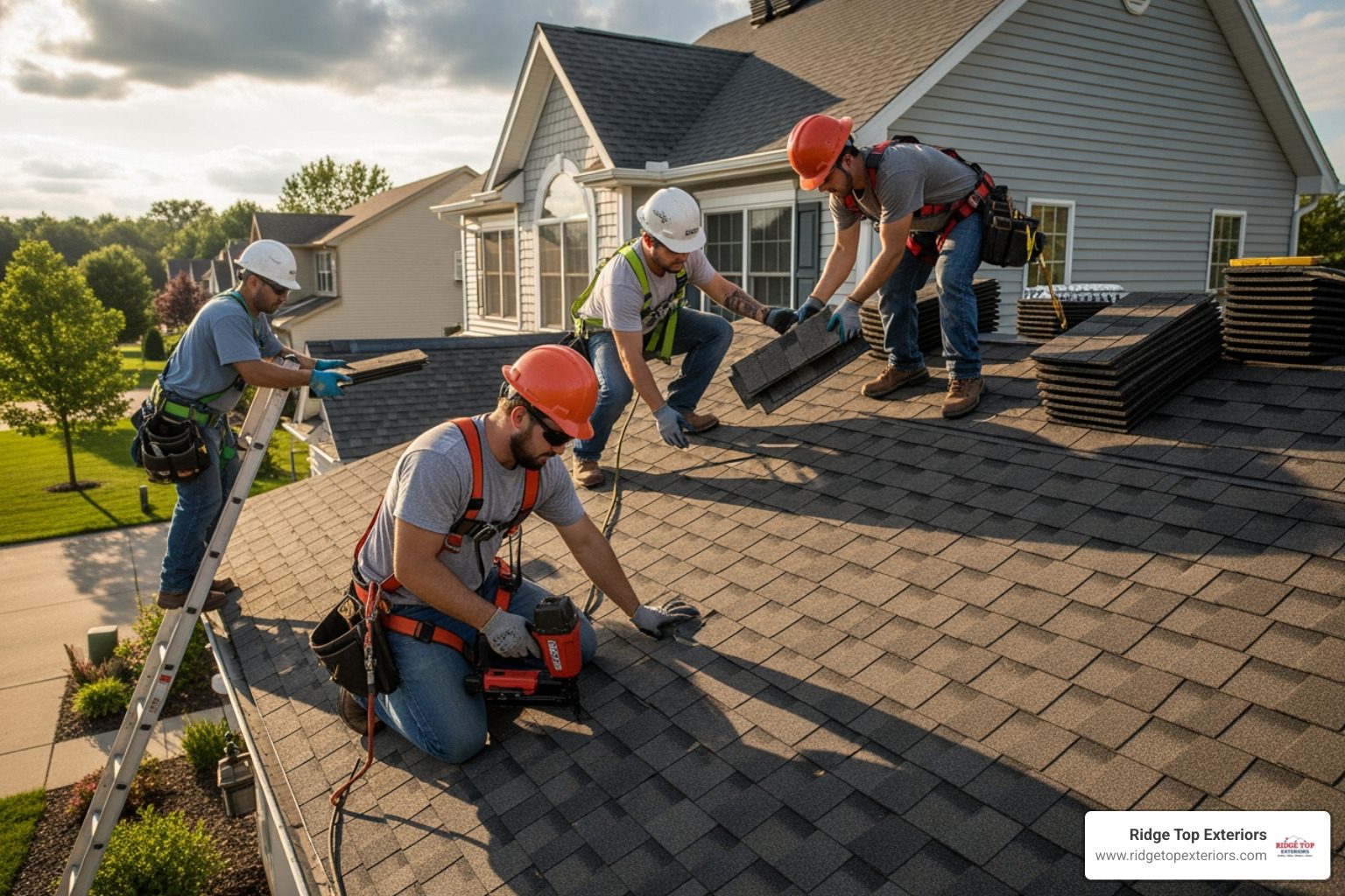 Roofing team installing GAF shingles on a residential roof - How much does a roof cost in Madison WI?