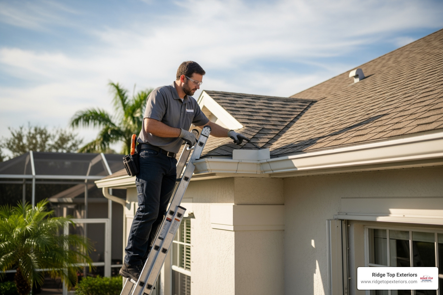 An inspector examining a home's roof-to-wall connections - My Safe Florida Home Grant