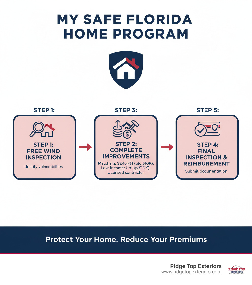 Infographic showing the My Safe Florida Home program process: Step 1 - Get a free wind mitigation inspection to identify vulnerabilities and current hurricane-resistant features. Step 2 - Apply for matching grant funds (state pays $2 for every $1 you spend, up to $10,000) or low-income grant (up to $10,000, no match required). Step 3 - Complete approved improvements with a licensed contractor including roof reinforcement, impact windows, and opening protection. Step 4 - Pass final inspection and receive reimbursement. Step 5 - Contact your insurer with documentation to receive wind mitigation discounts on your premiums. Color scheme: White, Red #B20839, and Navy #0D224B. - My Safe Florida Home Grant infographic 