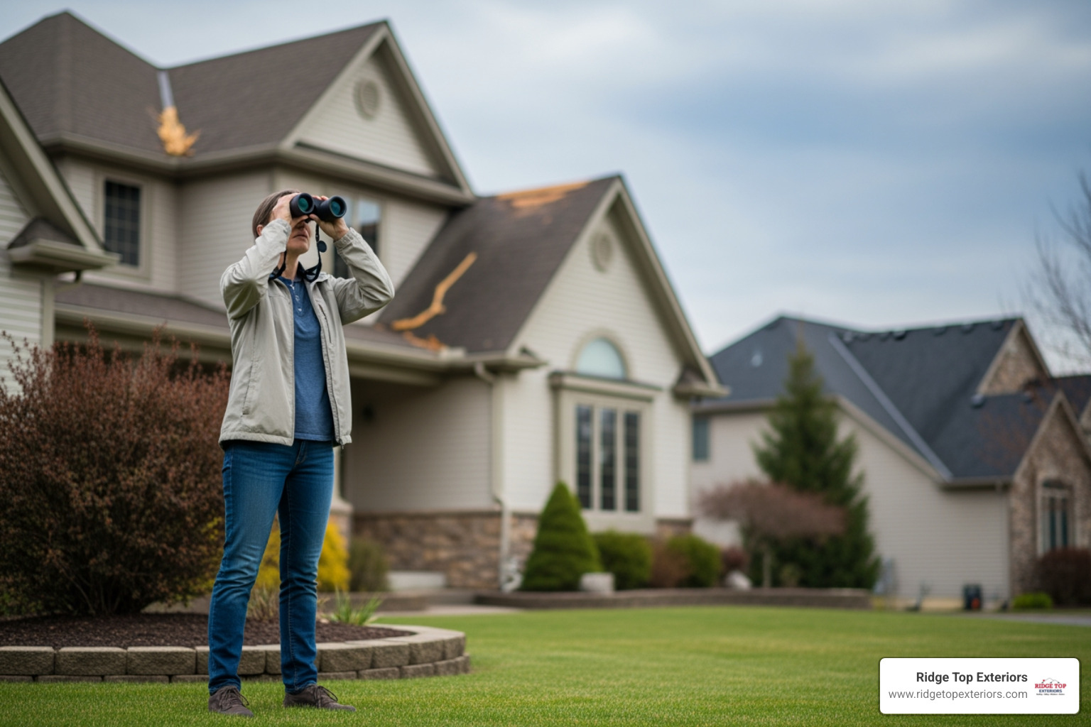 homeowner safely inspecting their roof from the ground with binoculars - residential roof storm damage