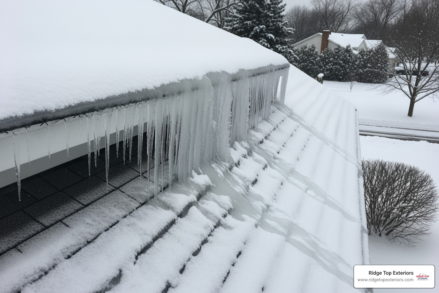 ice dam forming on the edge of a roof with icicles - residential roof storm damage