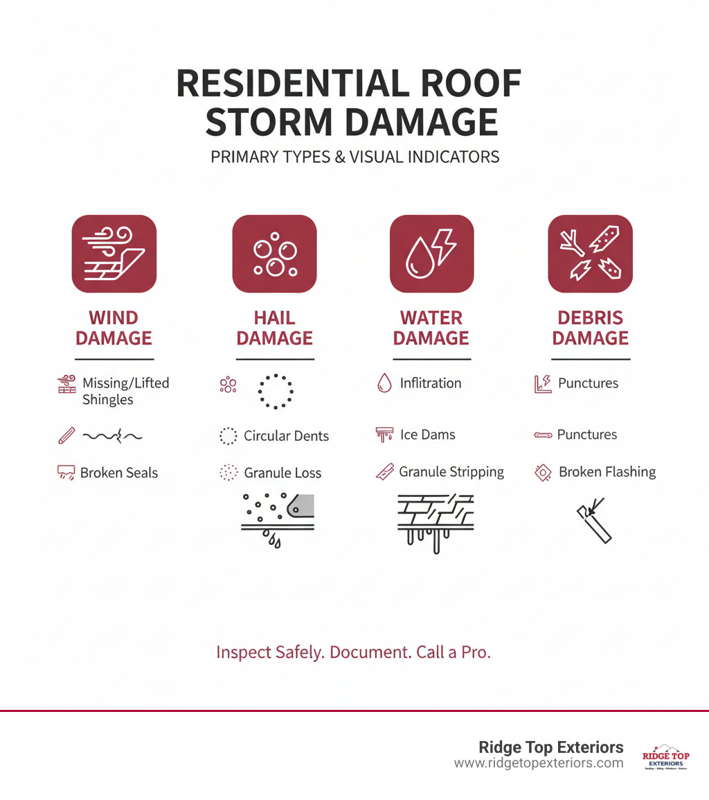 Infographic showing the four primary types of residential roof storm damage: Wind damage (missing/lifted shingles, broken seals), Hail damage (circular dents, granule loss), Water damage (infiltration, ice dams, granule stripping), and Debris damage (punctures, broken flashing). Each type includes visual indicators and common signs homeowners should look for during inspection. - residential roof storm damage infographic 