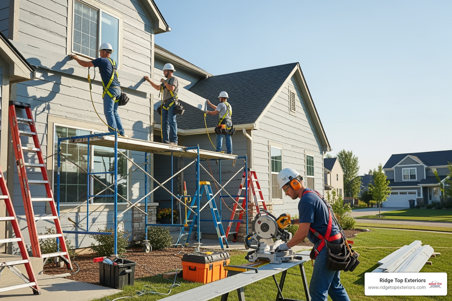 Professional crew installing siding on a two-story home, showcasing safety equipment and proper techniques - Siding installation Appleton WI Professional crew installing siding on a two-story home, showcasing safety equipment and proper techniques - Siding installation Appleton WI