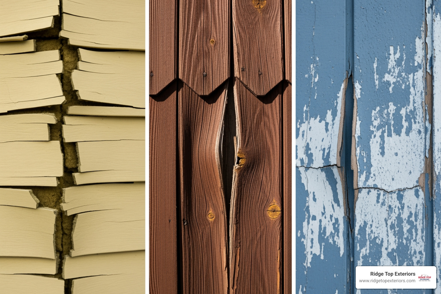 Gallery of damaged siding examples, including cracked vinyl, warped wood, and faded fiber cement - Siding installation Appleton WI Gallery of damaged siding examples, including cracked vinyl, warped wood, and faded fiber cement - Siding installation Appleton WI