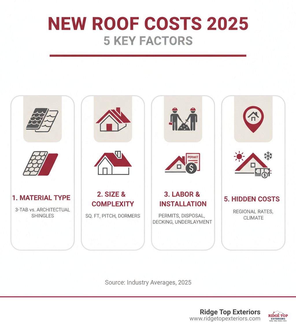 Infographic showing the 5 main factors that determine new roof costs: 1) Material type (3-tab vs architectural shingles), 2) Roof size and complexity (square footage, pitch, dormers), 3) Labor and installation (tear-off, safety, cleanup), 4) Hidden costs (permits, disposal, decking repair, underlayment), 5) Location (regional labor rates, climate requirements) - new roof costs 2025 infographic Infographic showing the 5 main factors that determine new roof costs: 1) Material type (3-tab vs architectural shingles), 2) Roof size and complexity (square footage, pitch, dormers), 3) Labor and installation (tear-off, safety, cleanup), 4) Hidden costs (permits, disposal, decking repair, underlayment), 5) Location (regional labor rates, climate requirements) - new roof costs 2025 infographic