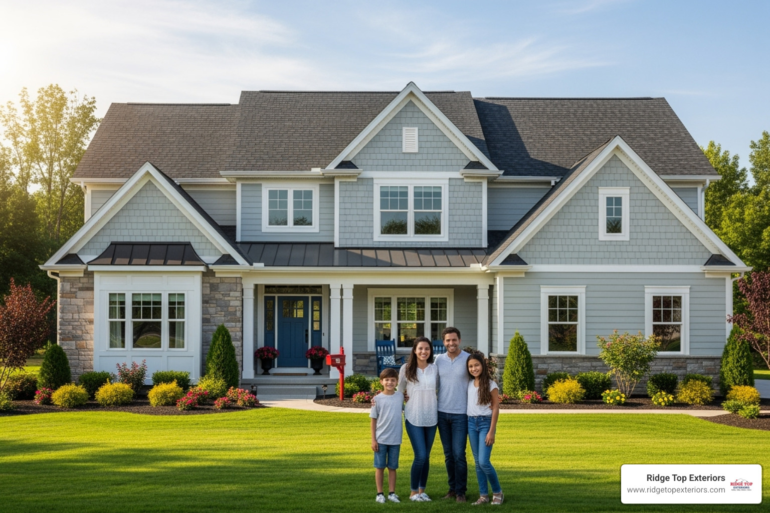 Smiling family in front of their home with a new Ridge Top Exteriors roof - new roof costs 2025 Smiling family in front of their home with a new Ridge Top Exteriors roof - new roof costs 2025