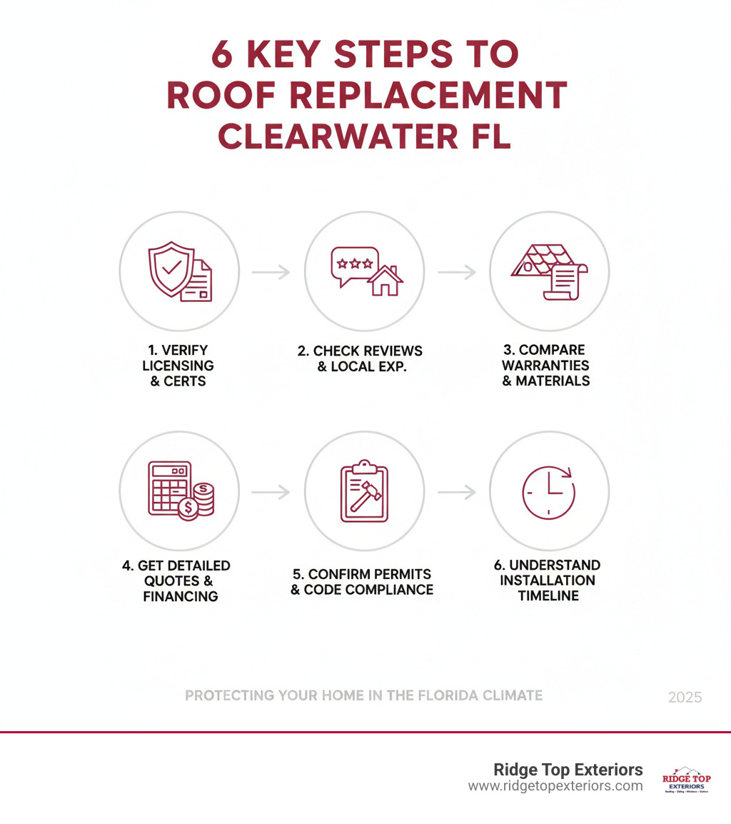 Infographic showing key steps to choosing a roof replacement contractor: verify licensing and certifications, check reviews and local experience, compare warranties and materials, get detailed quotes with financing options, confirm permits and code compliance, understand the installation timeline - roof replacement Clearwater FL infographic Infographic showing key steps to choosing a roof replacement contractor: verify licensing and certifications, check reviews and local experience, compare warranties and materials, get detailed quotes with financing options, confirm permits and code compliance, understand the installation timeline - roof replacement Clearwater FL infographic
