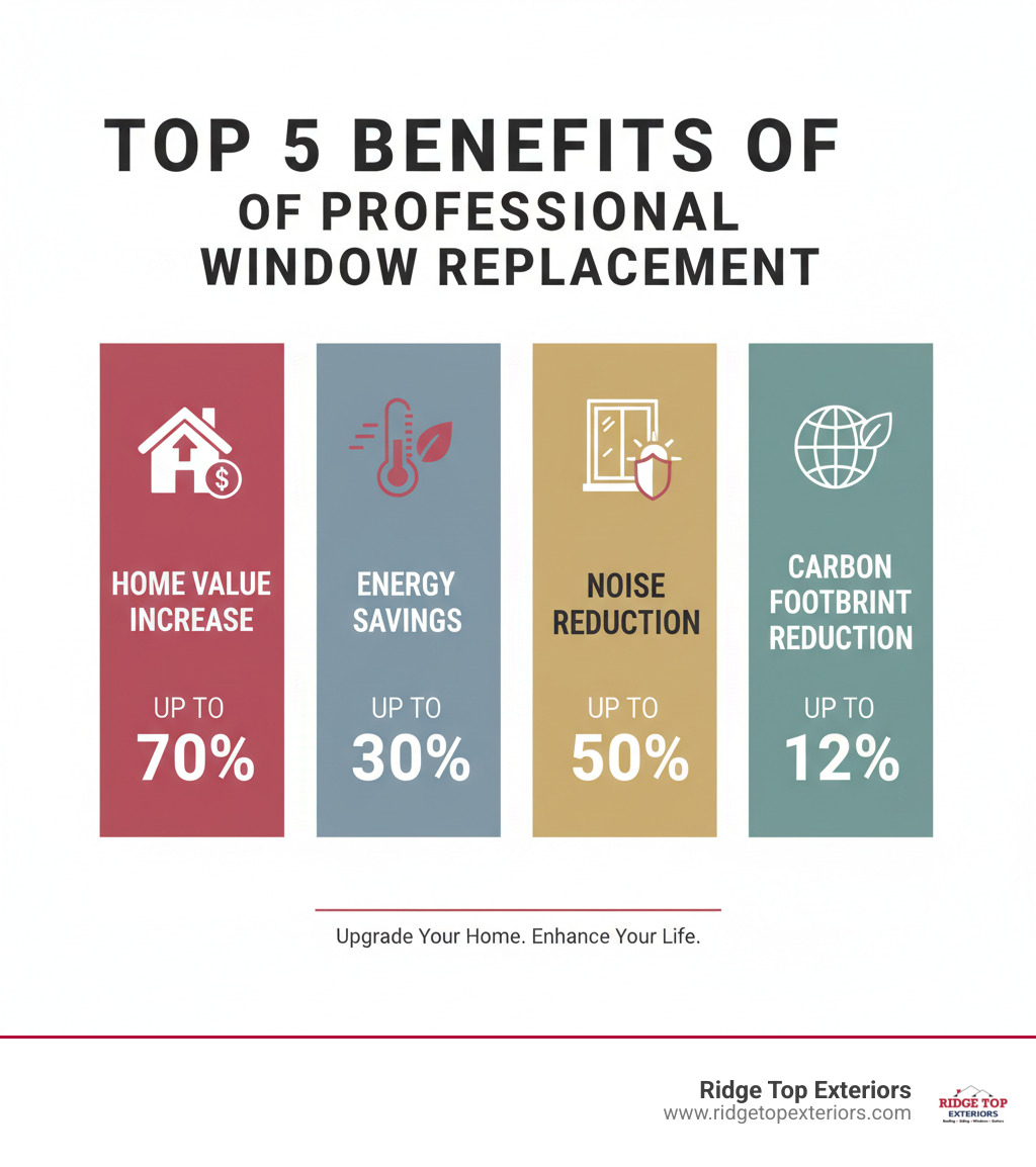 infographic showing top 5 benefits of professional replacement window services including energy savings up to 30 percent, home value increase up to 70 percent, UV protection up to 80 percent, noise reduction up to 50 percent, and carbon footprint reduction up to 12 percent - Replacement window services infographic infographic showing top 5 benefits of professional replacement window services including energy savings up to 30 percent, home value increase up to 70 percent, UV protection up to 80 percent, noise reduction up to 50 percent, and carbon footprint reduction up to 12 percent - Replacement window services infographic
