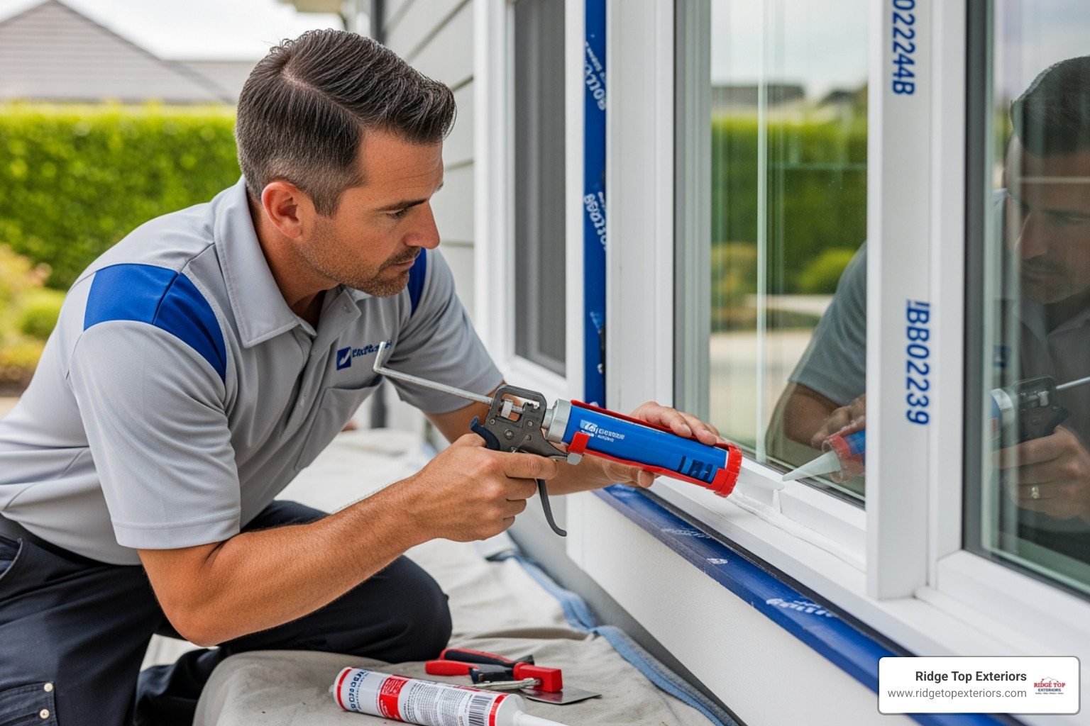professional installer carefully sealing a new window - Window installation near me