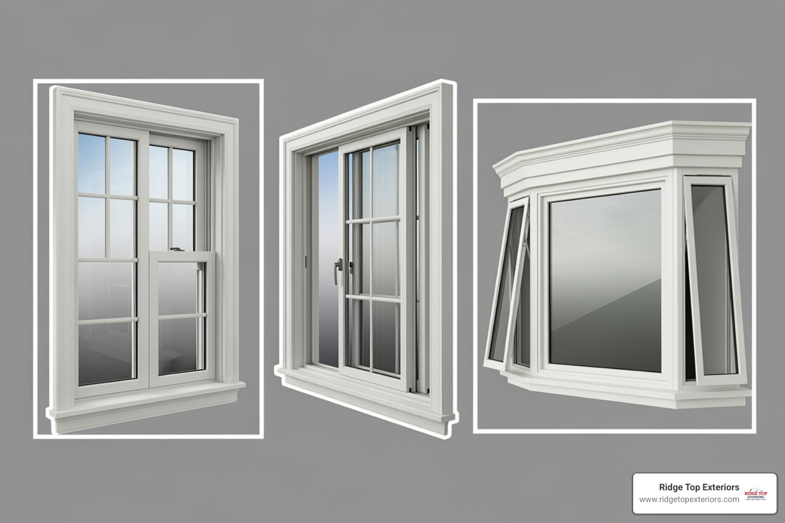collage of different window styles like double-hung, casement, and bay windows - Window installation near me