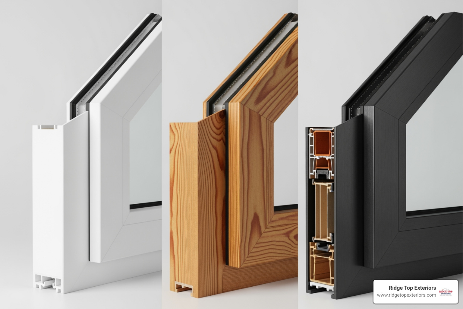 table comparing the features, benefits, and relative costs of Vinyl, Wood, and Fiberglass window frames - Window installation near me