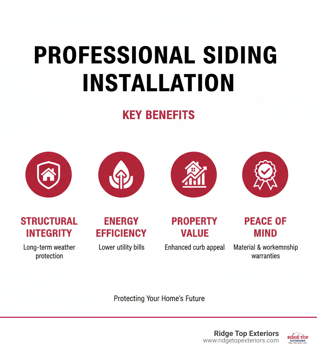 Infographic showing the key benefits of professional siding installation: long-term weather protection and structural integrity, improved energy efficiency and lower utility bills, enhanced curb appeal and increased property value, backed by material and workmanship warranties - Siding contractors near me infographic Infographic showing the key benefits of professional siding installation: long-term weather protection and structural integrity, improved energy efficiency and lower utility bills, enhanced curb appeal and increased property value, backed by material and workmanship warranties - Siding contractors near me infographic