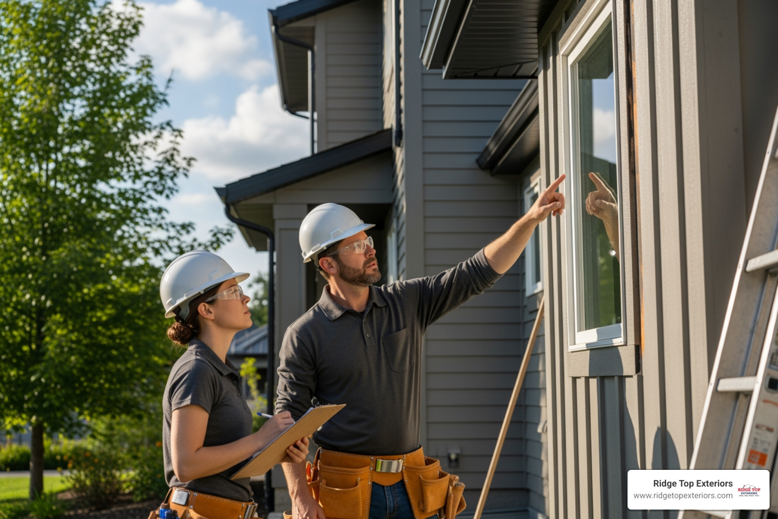 Ridge Top Exteriors team members inspecting siding - Siding contractors near me Ridge Top Exteriors team members inspecting siding - Siding contractors near me