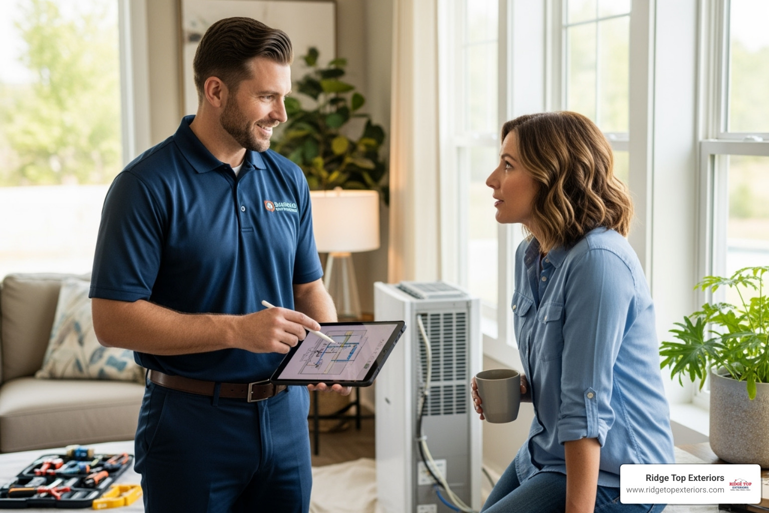 Friendly, professional installer consulting with a homeowner - leaf guard company