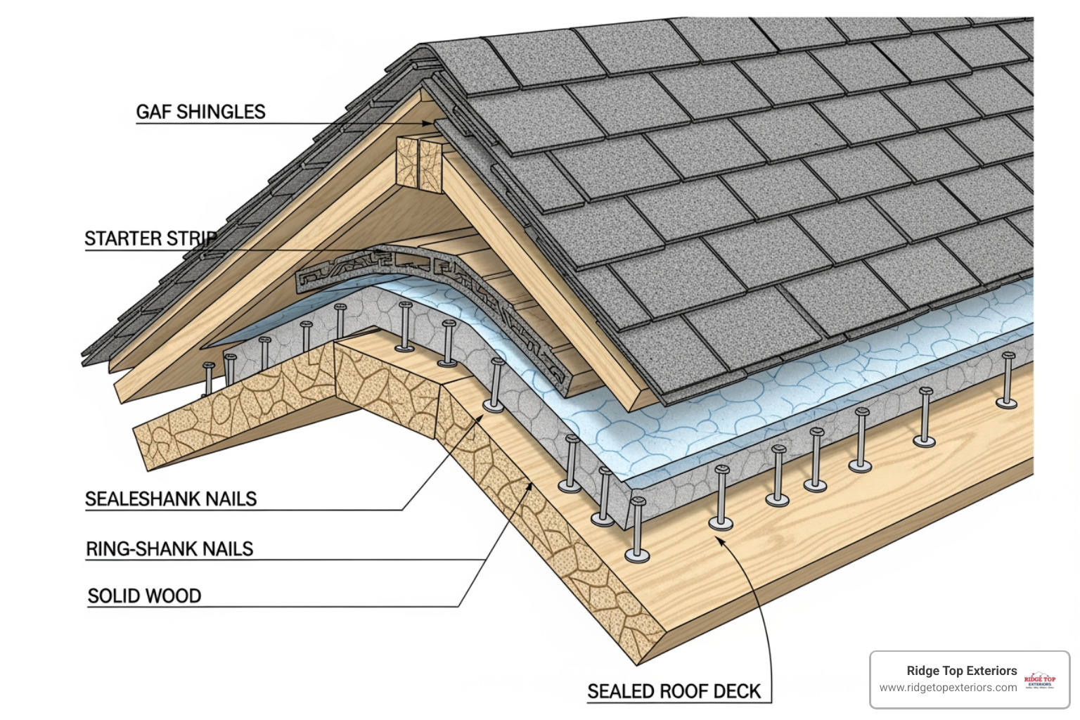 a cutaway view of a FORTIFIED Roof showing the different layers: sealed deck, ring-shank nails, starter strip, and GAF shingles. - Fortified Roofing a cutaway view of a FORTIFIED Roof showing the different layers: sealed deck, ring-shank nails, starter strip, and GAF shingles. - Fortified Roofing