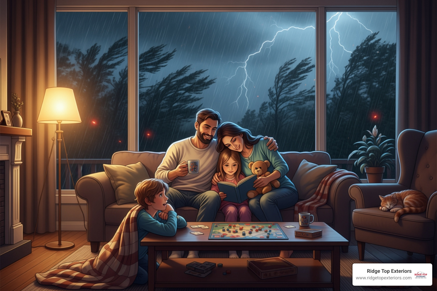 a family feeling safe and secure in their home during a storm. - Fortified Roofing a family feeling safe and secure in their home during a storm. - Fortified Roofing