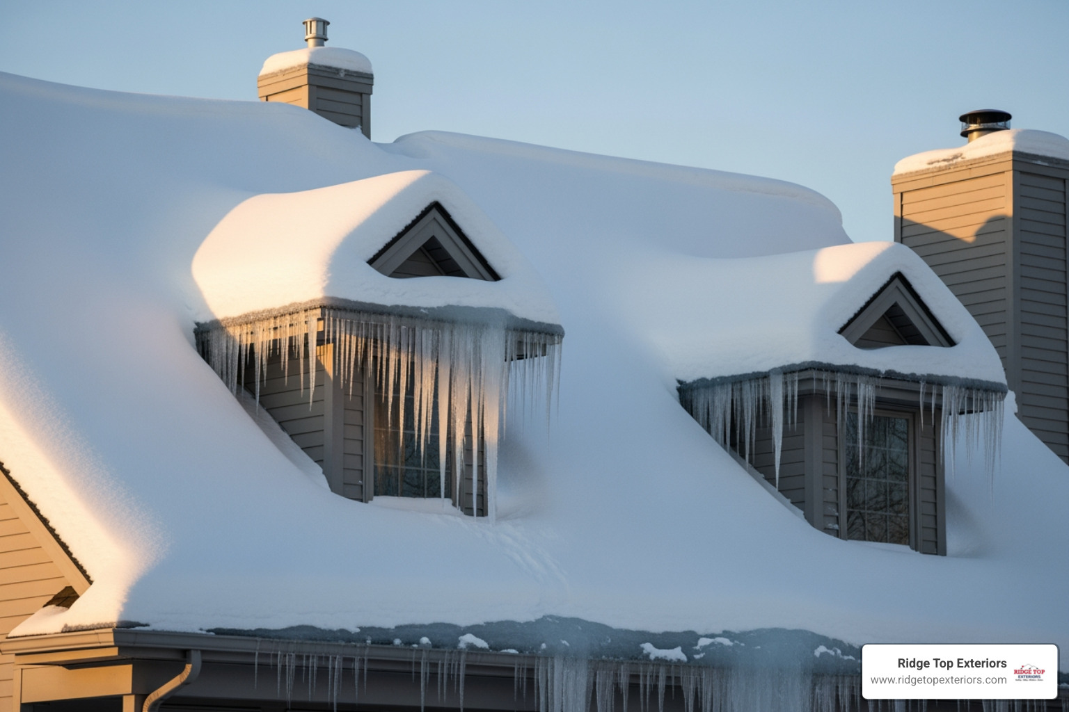 A roof covered in snow with icicles forming, indicating an ice dam - Gurnee roof repair