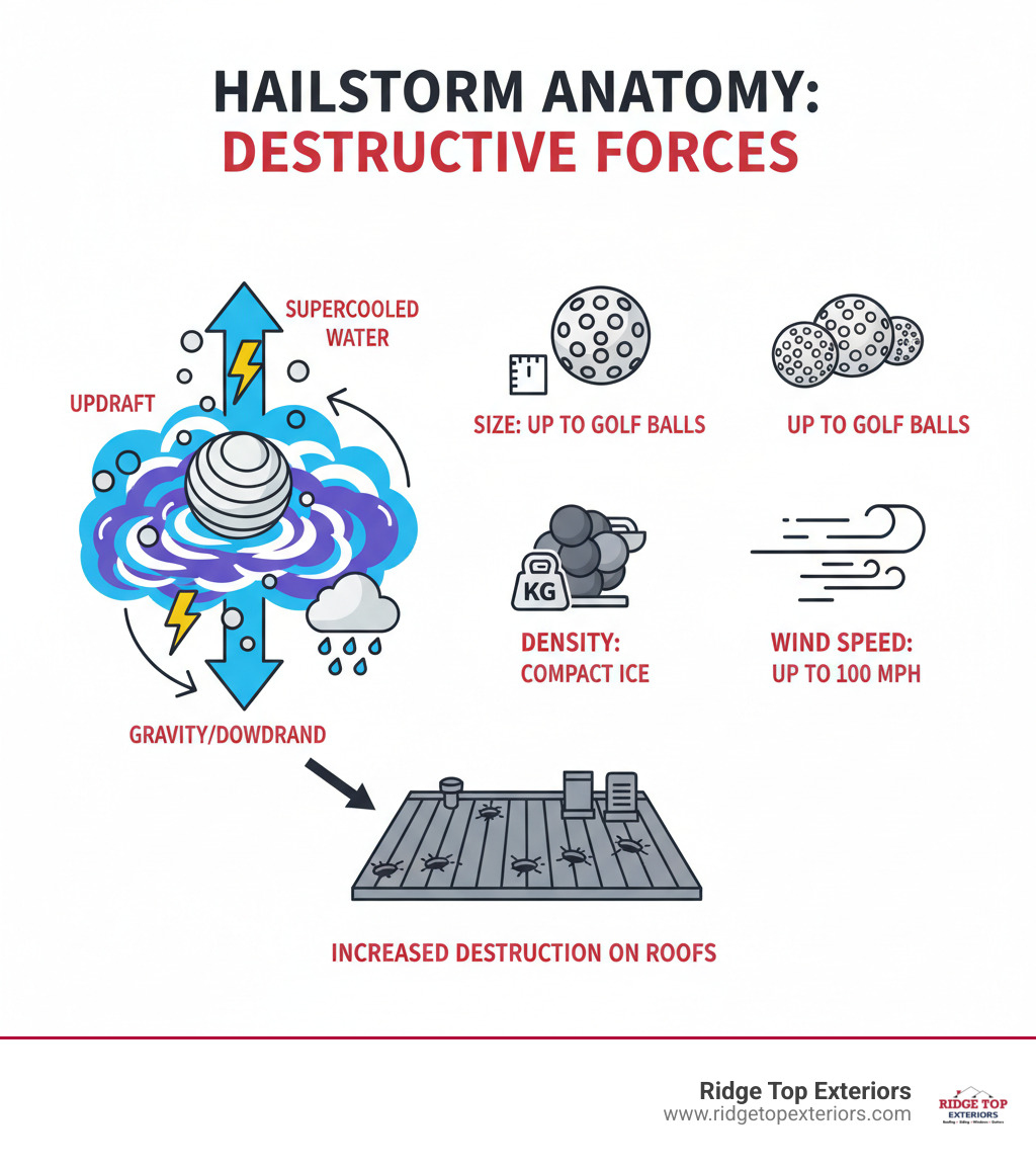 Infographic explaining how hail forms and the factors that increase its destructive force (size, density, wind speed) - hail damage commercial roofing infographic Infographic explaining how hail forms and the factors that increase its destructive force (size, density, wind speed) - hail damage commercial roofing infographic